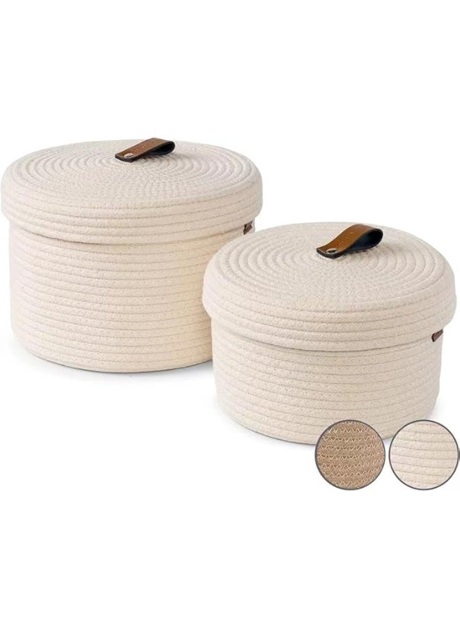 Storage Basket Round Cotton Rope with Lid, 2 Pieces Decorative Woven Storage Containers Organizer Box for Snacks, Towels (Beige) - Image 1