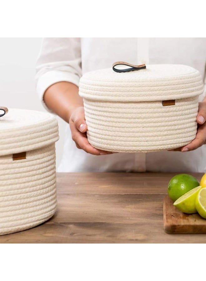 Storage Basket Round Cotton Rope with Lid, 2 Pieces Decorative Woven Storage Containers Organizer Box for Snacks, Towels (Beige) - Image 5
