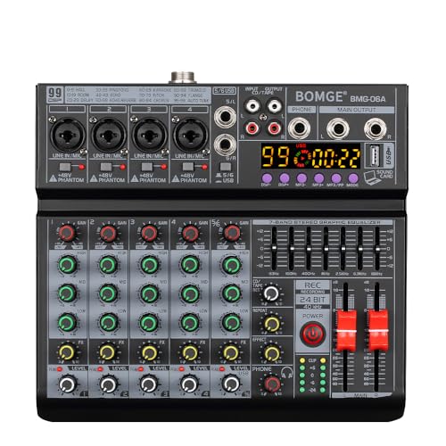 BOMGE 06A Professional 6 Channel DJ Audio Mixer DJ Controller Sound Mixer with 99 DSP Effects7band EQ Independent 48V Bluetooth USB Interface Recording for Studio Stage Party Home Recording - Image 1