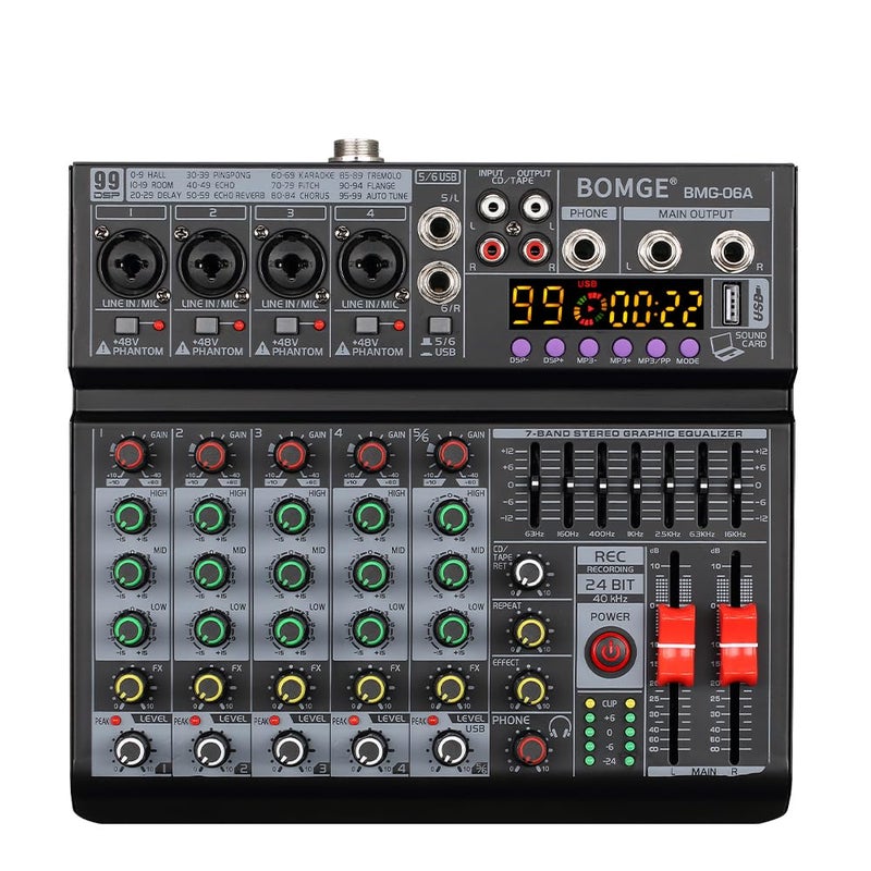 BOMGE 06A Professional 6 Channel DJ Audio Mixer DJ Controller Sound Mixer with 99 DSP Effects7band EQ Independent 48V Bluetooth USB Interface Recording for Studio Stage Party Home Recording - Image 2