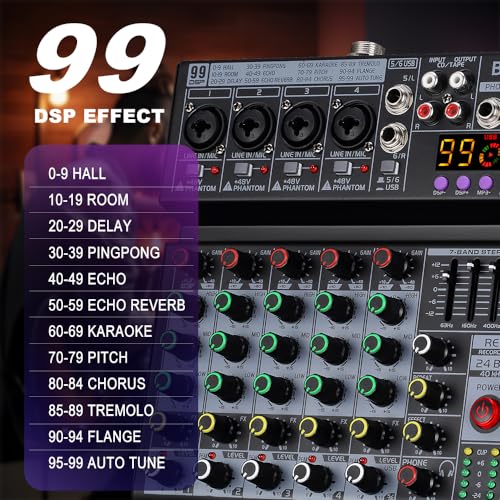 BOMGE 06A Professional 6 Channel DJ Audio Mixer DJ Controller Sound Mixer with 99 DSP Effects7band EQ Independent 48V Bluetooth USB Interface Recording for Studio Stage Party Home Recording - Image 3