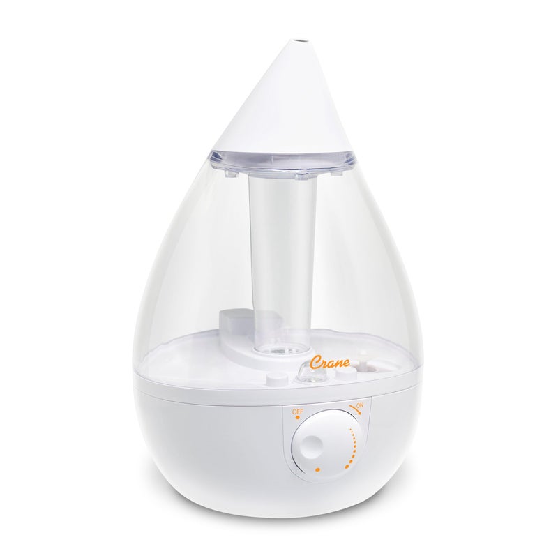 Crane White Teardrop Ultrasonic Cool Mist Humidifier, 1 Gallon Auto Shut-Off for Large Room, Baby Nursery, Bedroom Office, Clear & White - Image 1