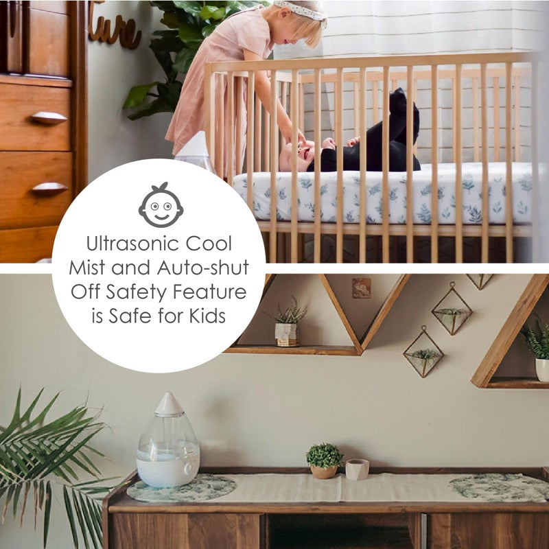 Crane White Teardrop Ultrasonic Cool Mist Humidifier, 1 Gallon Auto Shut-Off for Large Room, Baby Nursery, Bedroom Office, Clear & White - Image 3