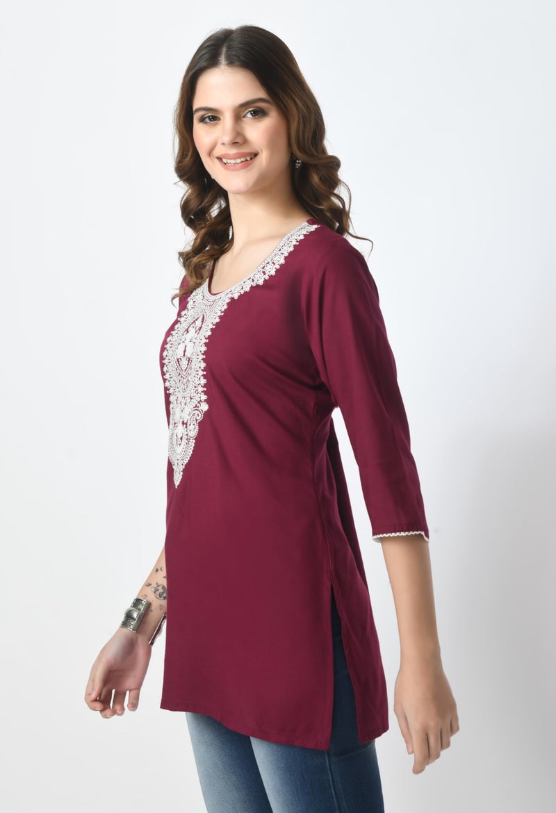 LIBOZA Store LIBOZA Short Kurti for Women – Lakhnowi Chikankari Embroidered Ladies Kurta, Stylish Girls Top, Ethnic Half Kurtas, Tunic Design Woman Kurtis Purple - Image 5