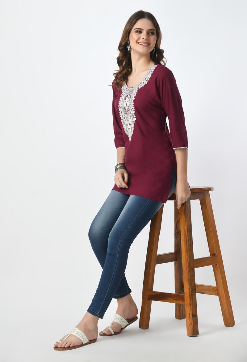 LIBOZA Store LIBOZA Short Kurti for Women – Lakhnowi Chikankari Embroidered Ladies Kurta, Stylish Girls Top, Ethnic Half Kurtas, Tunic Design Woman Kurtis Purple - Image 4