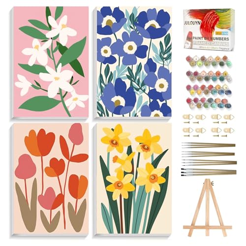 JULOUYN 4 Pack Paint by Numbers Kit for Adults with Framed Simple Flowers Easy Paint by Number Kits On Canvas with Wooden Easel Floral Painting by Numbers for Beginner Gift Home Decor 8x12 in - Image 1