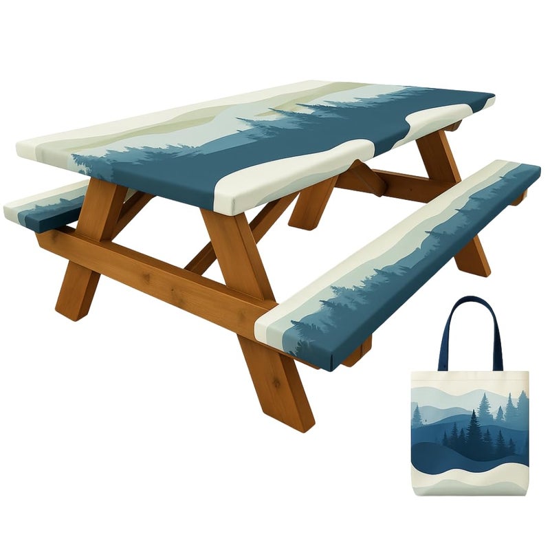 RNOONY 6ft Polyester Picnic Table Cover with Bench Covers Windproof & Waterproof Tablecloth, Perfect for Camping Gifts & RV Essentials, Cool Camping Gadgets, with Carrying Bag, 72x30 Inches, 4Pcs,Blue - Image 1