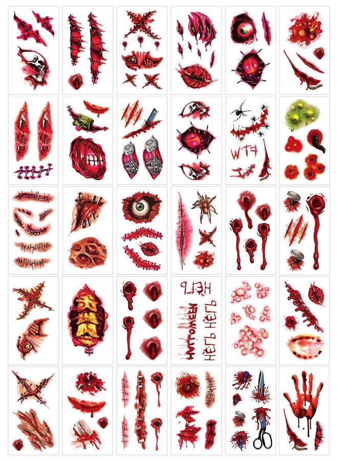 YouNuo 30 Sheets Halloween Temporary Tattoos, Horror Stitch Scar Scab Zombie Makeup Tattoos Stickers, Realistic Bloody Fake Wound for Chucky Costume Party, Women & Men, Waterproof - Image 1