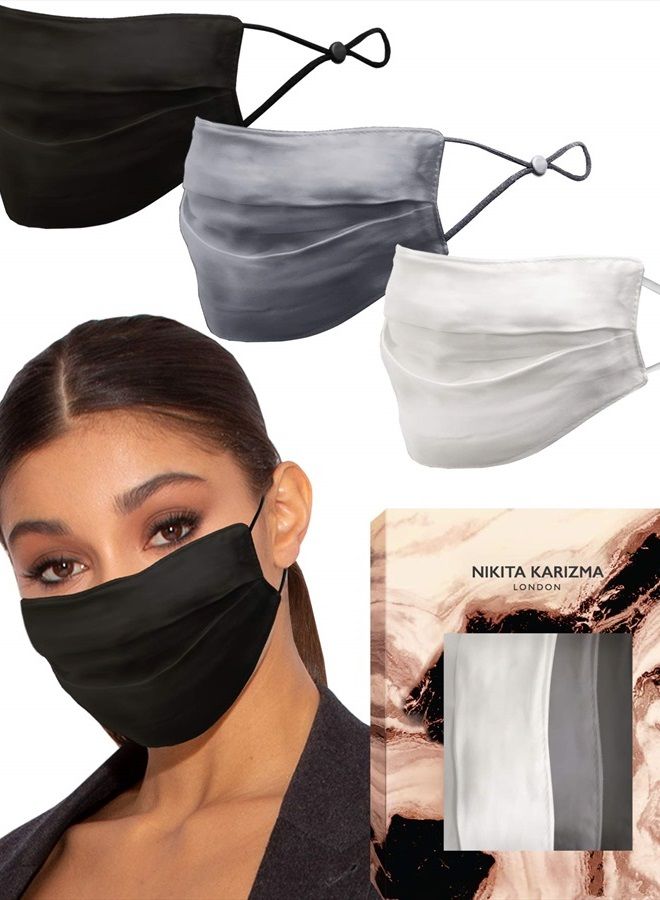 KARIZMA Beverly Hills Silk Face Mask 3 Pack Collection. Neutrals Fashionable Designer Face Mask for Women. Washable Fabric Face Mask Reusable Facemask. 19 Momme Real Mulberry Silk Masks, Luxury Fashio  - Image 1