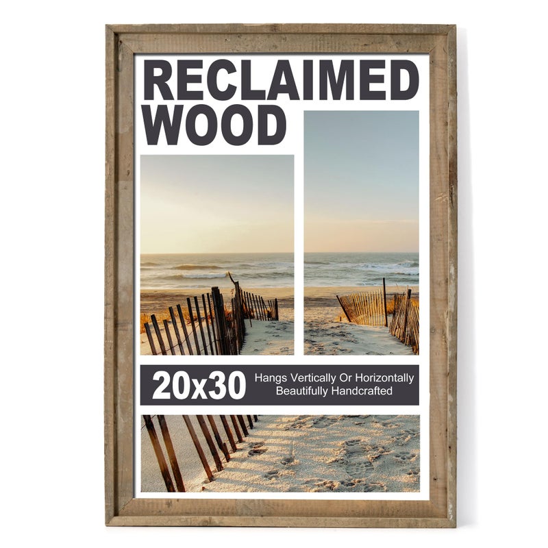 Rustic 20x30 Poster Frame Reclaimed Barnwood Picture Frame with HD Tempered Glass Distressed Family Art Gallery Corner Horizontal and Vertical Wall Mounting Display with Hardware Set of 1