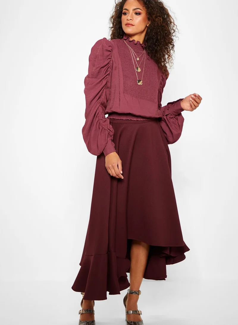 GHOSPELL Tie Waist Frill Hem Midi Skirt