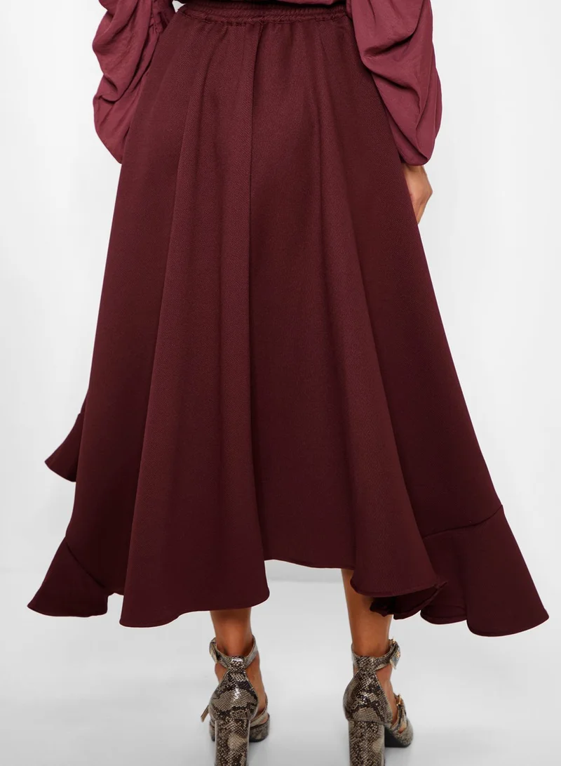 GHOSPELL Tie Waist Frill Hem Midi Skirt