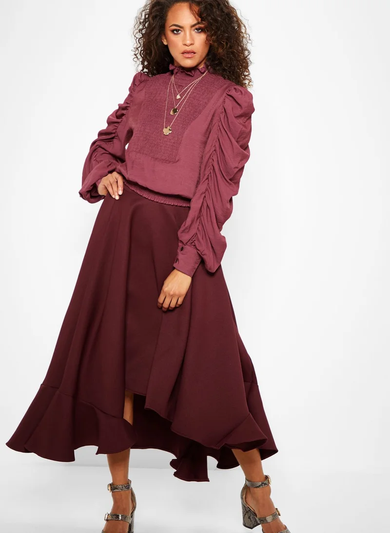GHOSPELL Tie Waist Frill Hem Midi Skirt