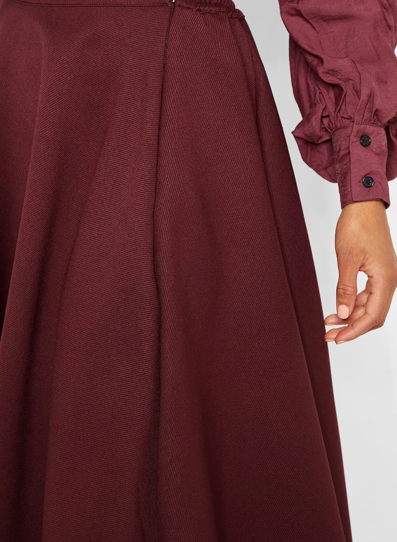 GHOSPELL Tie Waist Frill Hem Midi Skirt