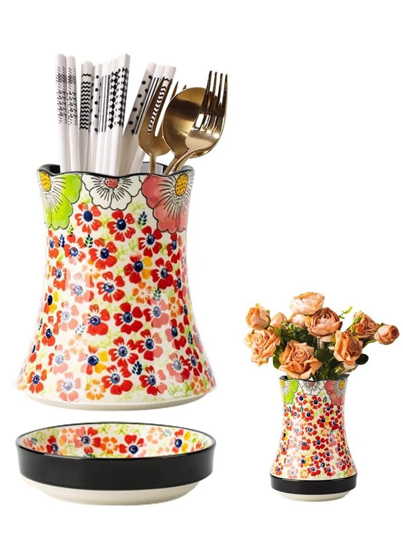 KASTWAVE Ceramic Kitchen Utensil Holder, Multi-Functional Large Capacity Knife and Fork Storage Tube, Crock Decorative Vase, with Embossed Three-Dimensional Flower Design for Kitchen Decor Red, 1 Pcs  - Image 1
