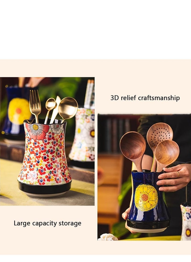 KASTWAVE Ceramic Kitchen Utensil Holder, Multi-Functional Large Capacity Knife and Fork Storage Tube, Crock Decorative Vase, with Embossed Three-Dimensional Flower Design for Kitchen Decor Red, 1 Pcs  - Image 4