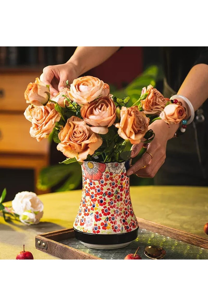 KASTWAVE Ceramic Kitchen Utensil Holder, Multi-Functional Large Capacity Knife and Fork Storage Tube, Crock Decorative Vase, with Embossed Three-Dimensional Flower Design for Kitchen Decor Red, 1 Pcs  - Image 3
