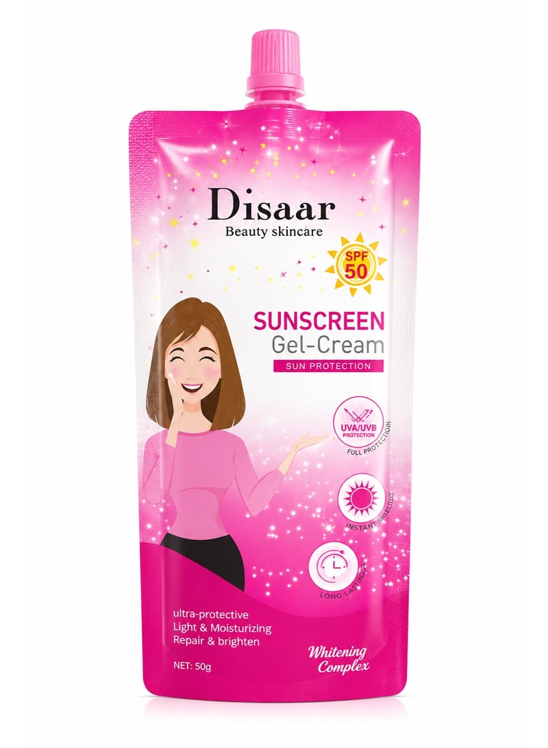 Disaar Sunscreen Gel Cream SPF 50, Broad Spectrum UVA/UVB Protection with Niacinamide, Aloe Vera & Hyaluronic Acid, 50g - Image 1