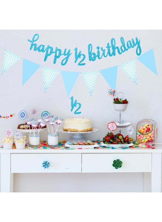مجموعة زينة نصف عيد ميلاد مكونة من 3 قطع تتضمن لافتة عيد ميلاد سعيد لمدة 6 أشهر ونصف، وغطاء كعكة لامع لنصف عام ونصف، ولافتة علم مثلثة لحفل استقبال المولود الجديد، وحفلات التصوير الفوتوغرافي، مثبتة مسبقًا (أزرق) - Image 3