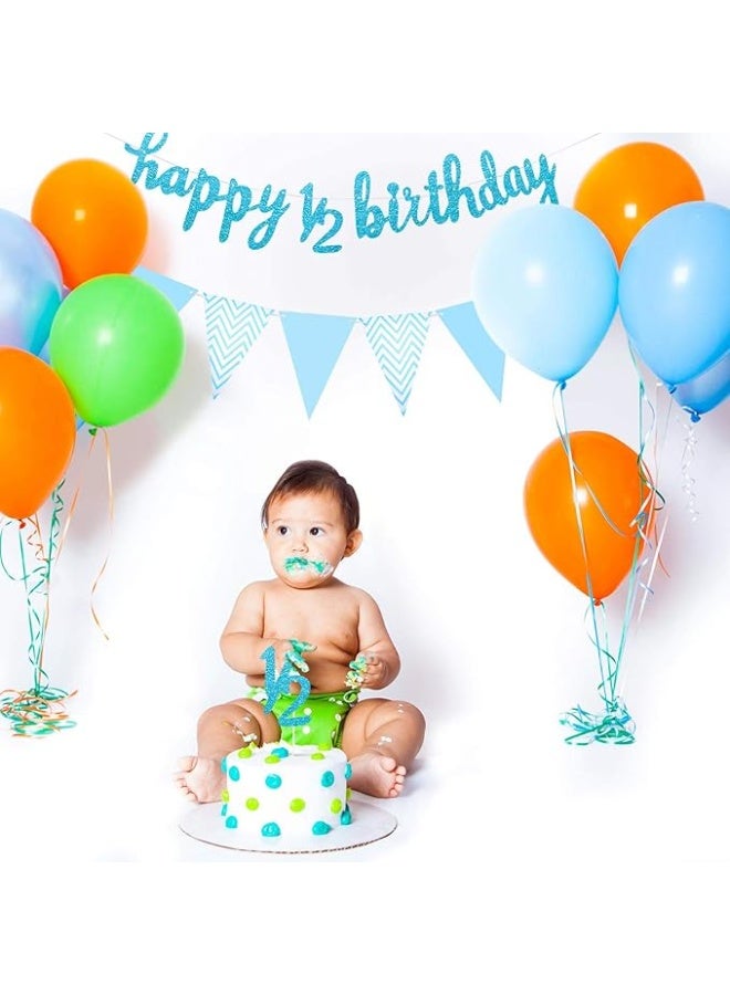 مجموعة زينة نصف عيد ميلاد مكونة من 3 قطع تتضمن لافتة عيد ميلاد سعيد لمدة 6 أشهر ونصف، وغطاء كعكة لامع لنصف عام ونصف، ولافتة علم مثلثة لحفل استقبال المولود الجديد، وحفلات التصوير الفوتوغرافي، مثبتة مسبقًا (أزرق) - Image 4