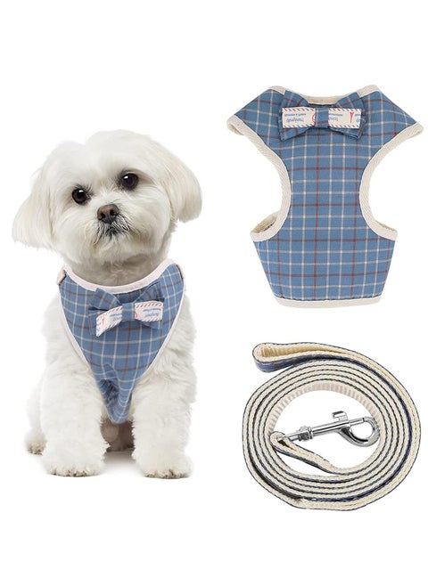 Small Dog Harness and Leash, Soft Mesh Harness, Plaid Style Puppy Vest Harness with Bow Tie, Adjustable Harness Detachable Dog Walking Harness for Small Dogs (M Size, Blue Plaid Style)
