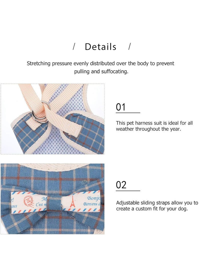 CMGTYYD - Small Dog Harness and Leash, Soft Mesh Harness, Plaid Style Puppy Vest Harness with Bow Tie, Adjustable Harness Detachable Dog Walking Harness for Small Dogs (M Size, Blue Plaid Style) - Image 1