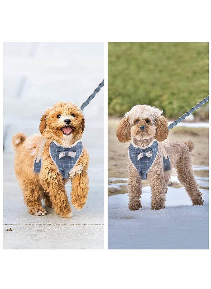 CMGTYYD - Small Dog Harness and Leash, Soft Mesh Harness, Plaid Style Puppy Vest Harness with Bow Tie, Adjustable Harness Detachable Dog Walking Harness for Small Dogs (M Size, Blue Plaid Style) - Image 1