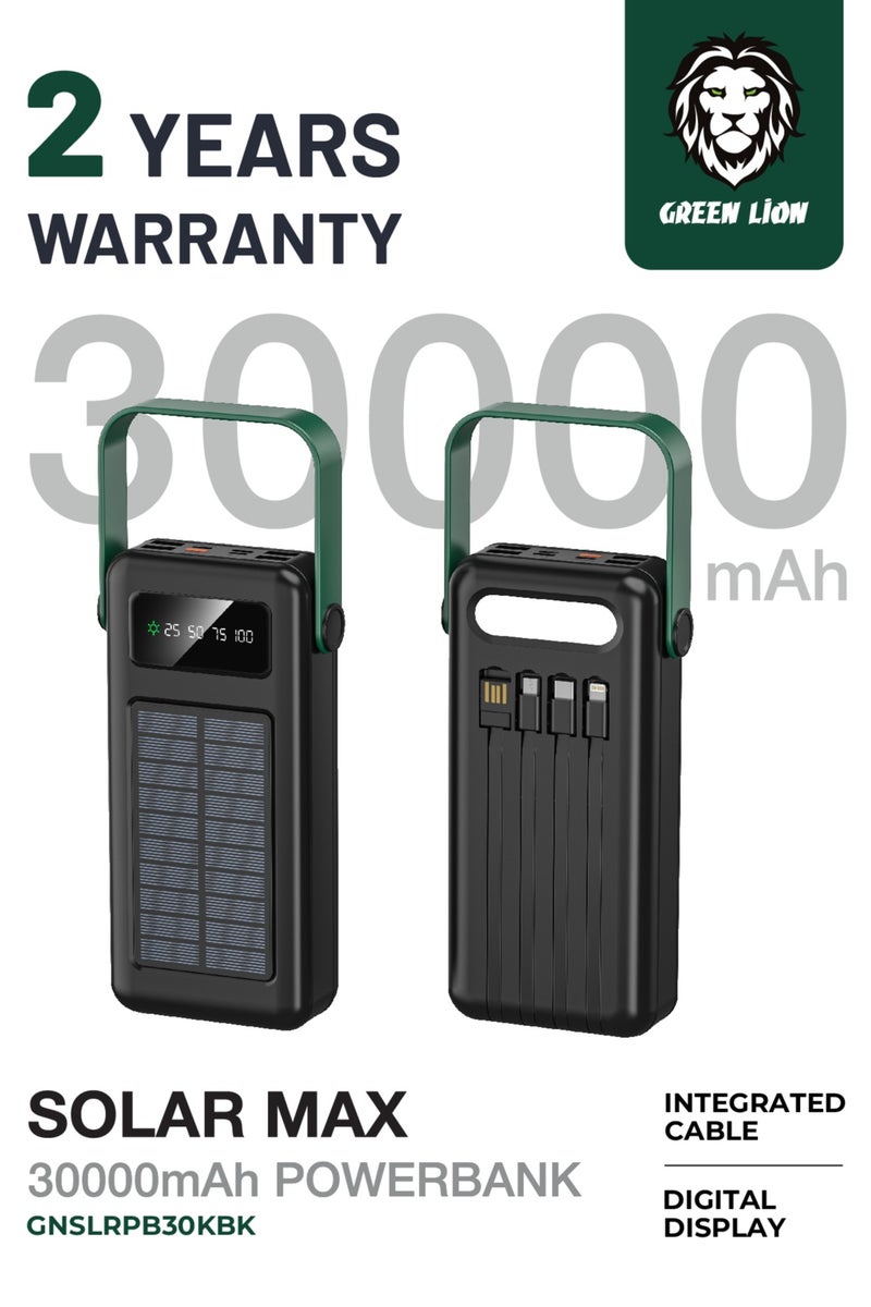 GREEN LION Solar Max 30000mAh PowerBank / Integrated Cables / Always on Display / 4 USB-A Ports / Type-C/Lightening/Micro Cable Output / USB-C/Lightening/Micro/USB Cable Input/ Polymer Battery Power Bank 30000 mAh - Black - Image 1