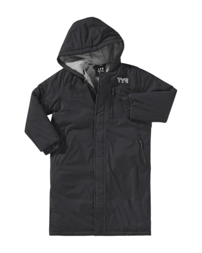 TYR Hydrosphere Tech Youth Swim Parka Highly Wind and WaterResistant Swimming Cover Up for Girls Boys Warm Fleece Lining Multiple Pockets for Training and Competition Large Black - Image 1