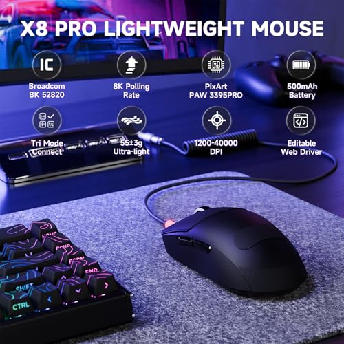 MAMBASNAKE Attack Shark X8 PRO 8K Wireless Gaming Mouse,PAW3395PRO 40K DPI Sensor,Tri-Mode Broadcom BK52820 Chip,Superlight Ergonomic Mouse for Large Hands,Cloud-Based Software,for Win/Mac(Black&Tape) - Image 2
