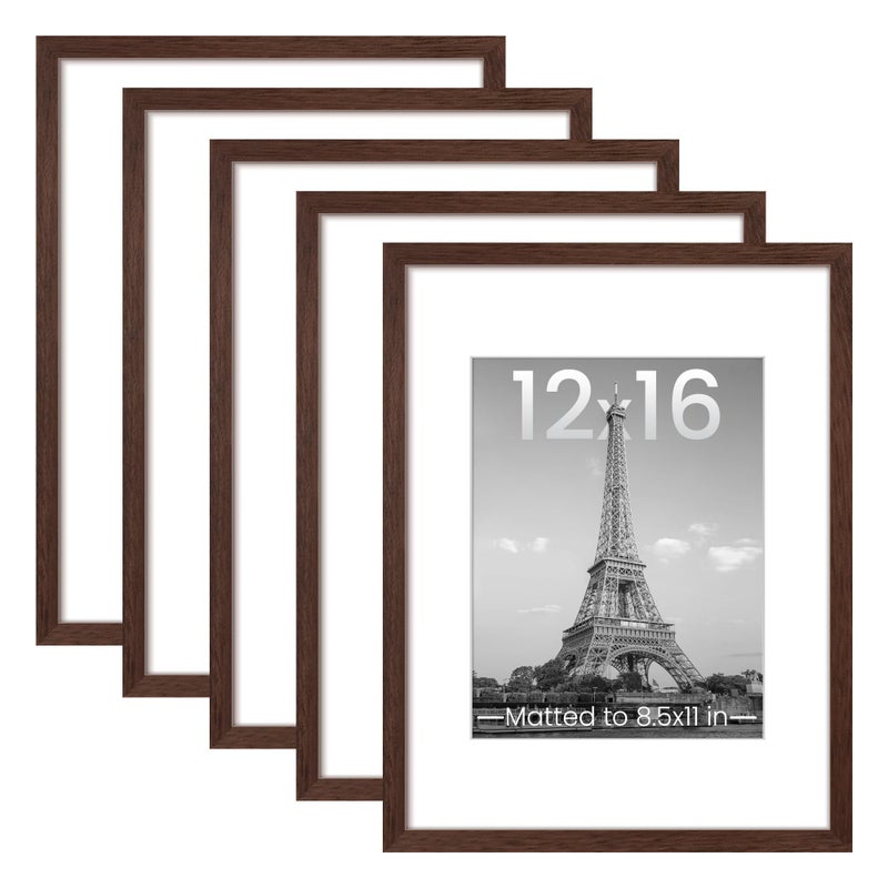upsimples 12x16 Picture Frame Set of 5, Display Pictures 8.5x11 with Mat or 12 x 16 Without, Wall Gallery Poster Frames, Brown - Image 1