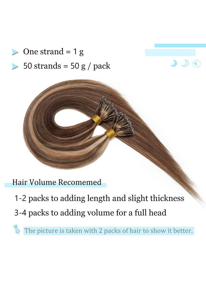 SEGO Nano Tip Hair Extensions Human Hair Balayage Nano Beads Pre-Bonded Seamless Nano Ring Highlight Hair Extensions For Women 1G/Strand 50G/Pack -16 Inch /4P27 Medium Brown&Dark Blonde