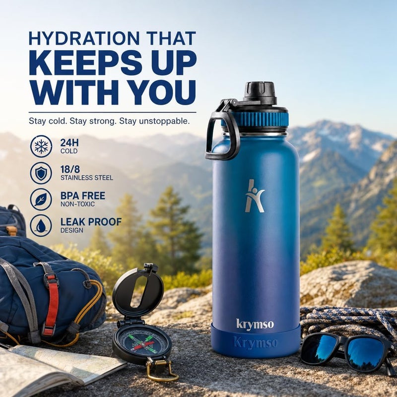 KRYMSO 950ml Stainless Steel Water Bottle, Insulated Thermos Flask, Leakproof, BPA-Free, Gym (Petrol Blue) - Image 2