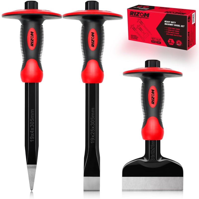 Rizom Chisel Set with Hand Protection, 3 Pcs Stone and Rock Chisel, Heavy Duty Masonry Tools including 11-Inch Point and Flat, 8-Inch Brick - Image 1