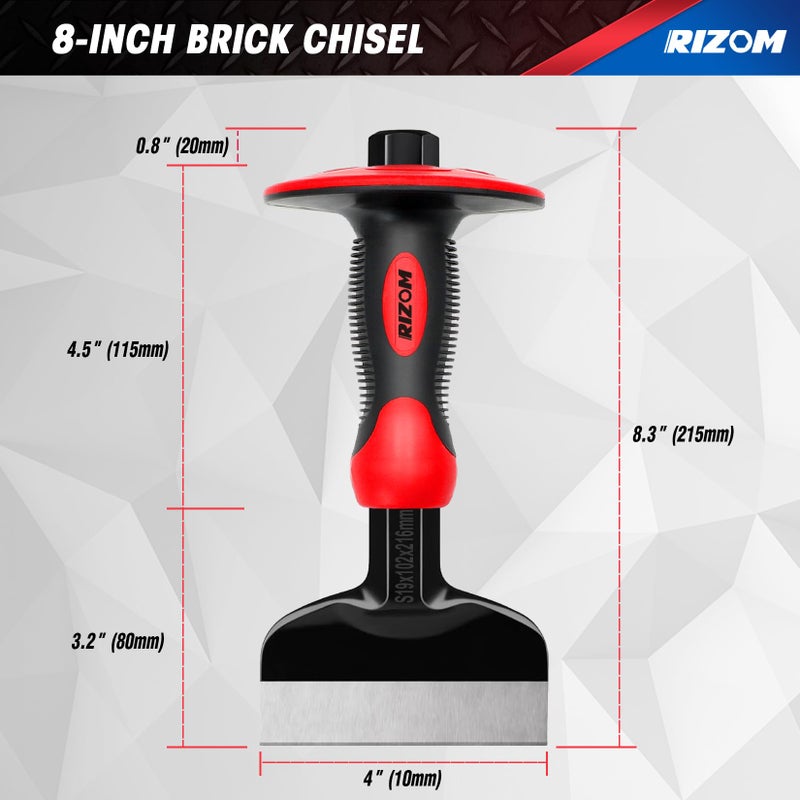 Rizom Chisel Set with Hand Protection, 3 Pcs Stone and Rock Chisel, Heavy Duty Masonry Tools including 11-Inch Point and Flat, 8-Inch Brick - Image 3