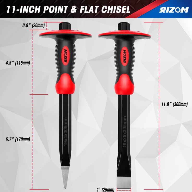 Rizom Chisel Set with Hand Protection, 3 Pcs Stone and Rock Chisel, Heavy Duty Masonry Tools including 11-Inch Point and Flat, 8-Inch Brick - Image 2