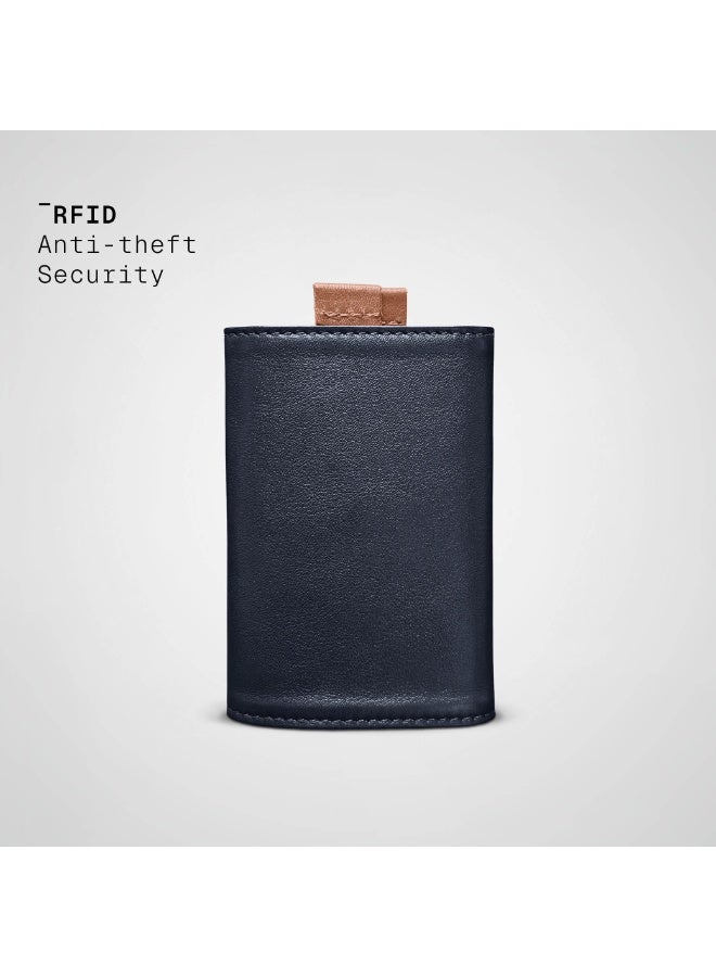 The Frenchie Co. Speed Wallet | Ultra Slim Front Pocket Wallet for Men & Women | RFID Blocking Quick-Access Card Holder with Pull Tab | Full-Grain Italian Leather Minimalist Design | Holds up to 14 Cards & Cash (Ultra Navy-Tan) - Image 4