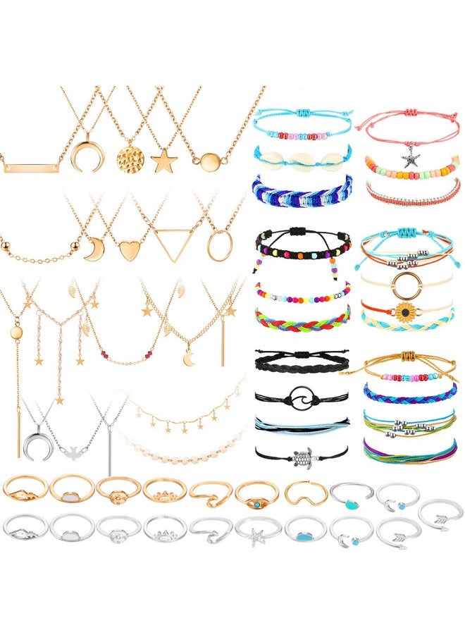 Batiyeer - 60 Pcs Surfer Wave Strand Bracelet Summer Layered Choker Pendant Necklace Adjustable Multilayer Chain, Adjustable Bracelet Handmade Sunflower Rope Anklets Knuckle Rings (Bright) - Image 1