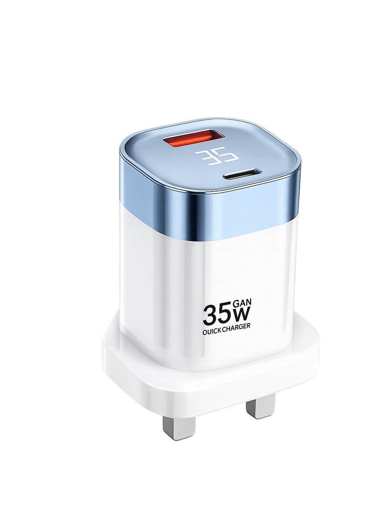 Denx DX239 35W GaN Fast Wall Charger, USB-C PD + USB-A QC 3.0 Dual Port UK 3-Pin Power Adapter, Fast Charging Home Charger Compatible with iPhone 16/15/14, Samsung Galaxy S25/S24, Xiaomi, Huawei, Oppo, Vivo, iPad, Tablets, 1 Year Warranty - Image 1