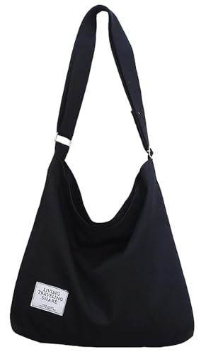 Covelin Women's Retro Large Size Canvas Shoulder Bag Hobo Crossbody Handbag Casual Tote Black - Image 1