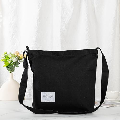 Covelin Women's Retro Large Size Canvas Shoulder Bag Hobo Crossbody Handbag Casual Tote Black - Image 4
