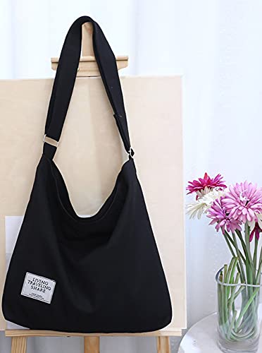 Covelin Women's Retro Large Size Canvas Shoulder Bag Hobo Crossbody Handbag Casual Tote Black - Image 3
