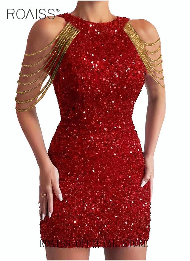 roaiss - Banquet Party Dress for Women Evening Dresses Halter Neck Sequins Short-Length Sleeveless Prom Ball Gown Wedding Elegant Slim Formal Dresses Bridesmaid Dress - Image 1