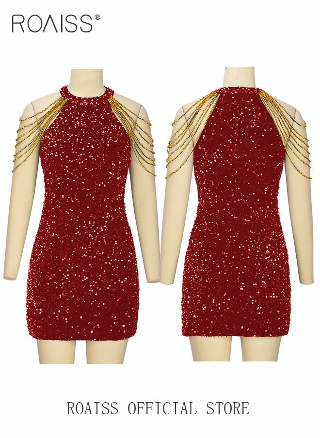 roaiss - Banquet Party Dress for Women Evening Dresses Halter Neck Sequins Short-Length Sleeveless Prom Ball Gown Wedding Elegant Slim Formal Dresses Bridesmaid Dress - Image 1