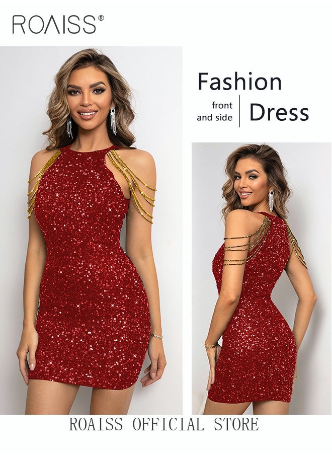 roaiss - Banquet Party Dress for Women Evening Dresses Halter Neck Sequins Short-Length Sleeveless Prom Ball Gown Wedding Elegant Slim Formal Dresses Bridesmaid Dress - Image 1