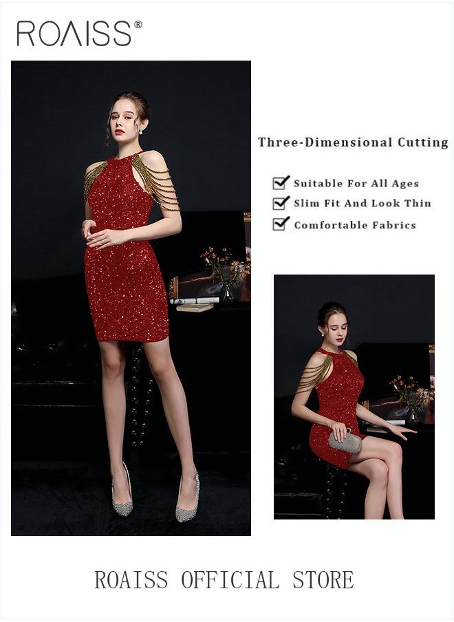 roaiss - Banquet Party Dress for Women Evening Dresses Halter Neck Sequins Short-Length Sleeveless Prom Ball Gown Wedding Elegant Slim Formal Dresses Bridesmaid Dress - Image 1