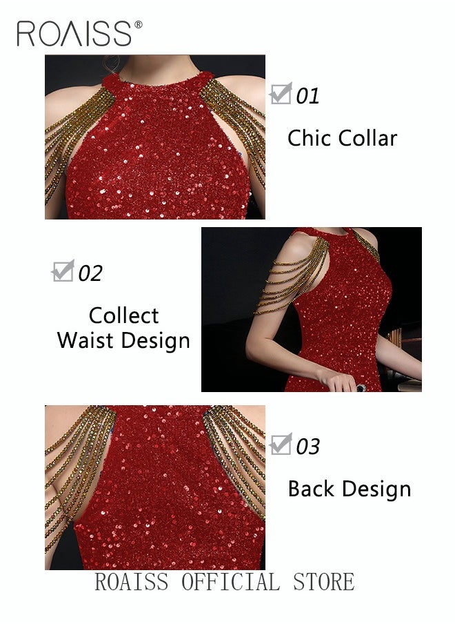 roaiss - Banquet Party Dress for Women Evening Dresses Halter Neck Sequins Short-Length Sleeveless Prom Ball Gown Wedding Elegant Slim Formal Dresses Bridesmaid Dress - Image 1