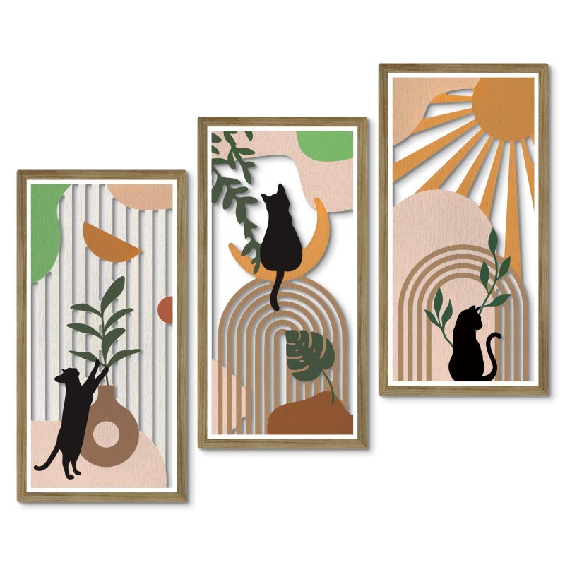 Putuo Decor Boho Wall Decor Set of 3, Abstract Boho Cat Wall Art, Mid Century Modern Black Wall Decr for Cat Lovers Home Bedroom Living Room Office - Image 1