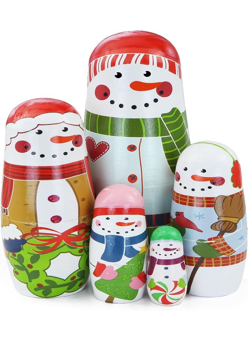 Winterworm Winterworm 5 PCS Snowman Nesting DollsLovely Christmas Snowman with Gift Garland Christmas Tree Matryoshka Russian Doll Wooden Stacking Dolls for Kids Xmas Christmas Birthday Toy Gift  - Image 1