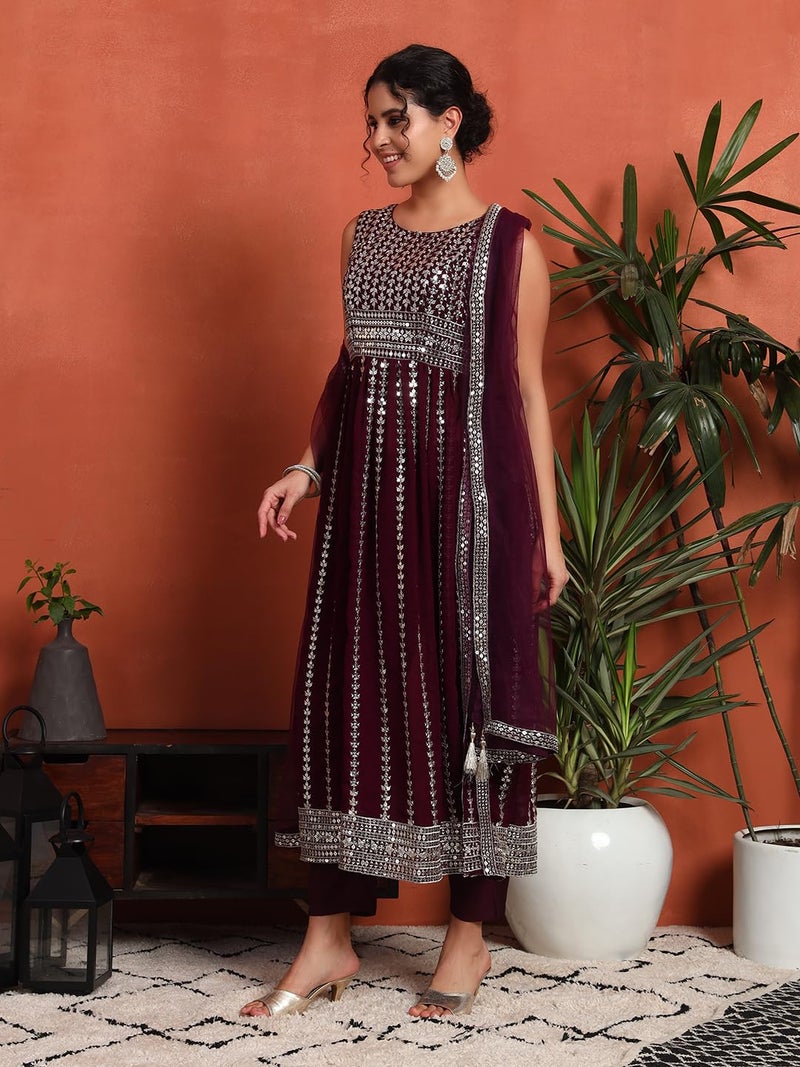 SHOPPING QUEEN Women's Georgette Sequins Kurta, Pyjama & Dupatta Set (A590_Wine_XL) - Image 3